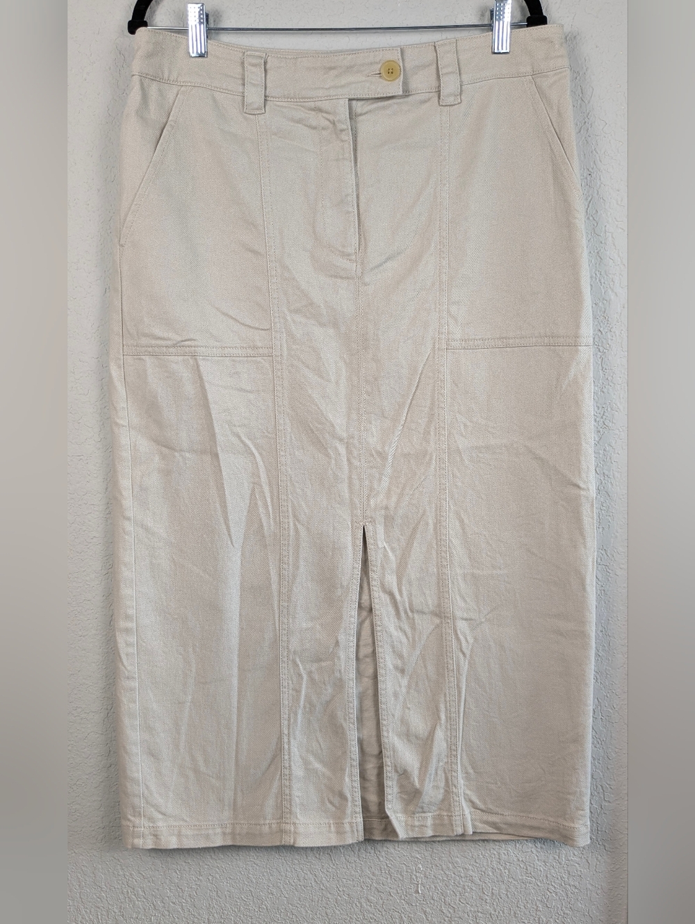 LOFT Outlet Twill Midi Maxi Skirt 15 Beige Stretch Cotton Front Slit Excellent